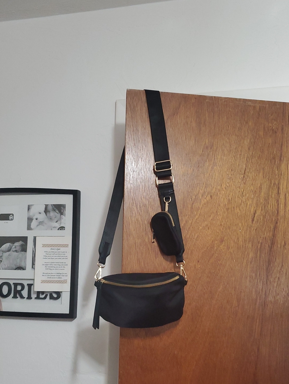 like Dreams Black Nylon Chest Bag with Gold Hardware
